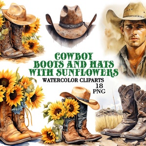 Cowboystiefel und Hüte mit Sonnenblumen png Aquarell Clipart, Western, Cowgirl Stiefel png, Wild west, Sublimation, Country, Western Life png