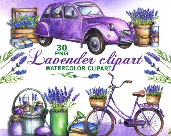 Watercolor Lavender Clipart: Provence Bicycle, Car, Wheelbarrow (Digital Download)