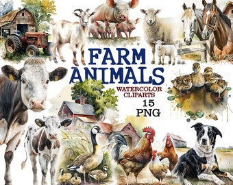 Watercolor Farm Animals Clipart: Rustic Country PNG (Digital Download)