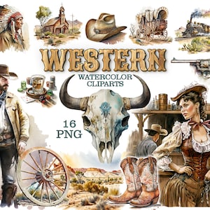 Acuarela Western Clipart, imágenes prediseñadas de vaquero, imágenes prediseñadas del oeste salvaje, imágenes prediseñadas del país, cráneo de acuarela, imágenes prediseñadas del suroeste, cactus de acuarela