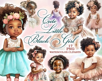 Black Baby, African American little Girl png, Black cute happy baby girl clipart, Watercolor clipart, Pink ballerina, Turquoise, Baby shower