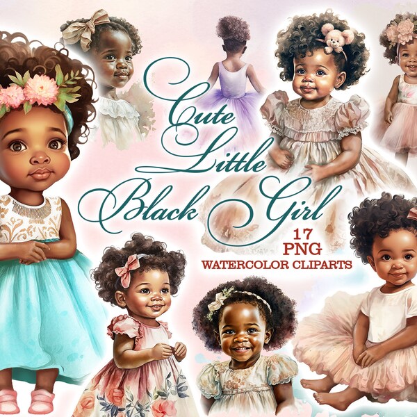 Black Baby, African American little Girl png, Black cute happy baby girl clipart, Watercolor clipart, Pink ballerina, Turquoise, Baby shower