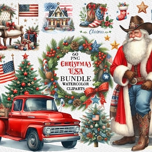 Imágenes prediseñadas de acuarela navideña americana de EE. UU. PNG, casa navideña patriótica de vaquero y Papá Noel, sublimación navideña, botas de vaquero y camión rojo