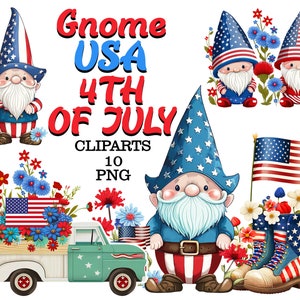 Lindo gnomos patrióticos Clipart, 4 de julio, bandera estadounidense rojo blanco azul EE. UU., duende, gnomos png, camioneta vintage, gnomos con flores