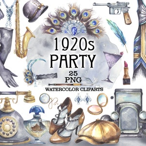 1920 年代のパーティーの水彩画のクリップアート、1920 年のパーティーの招待状、png 狂騒の 20 年代のパーティーの昇華デザイン アールデコのデザイン要素 グレート ギャツビー パーティー