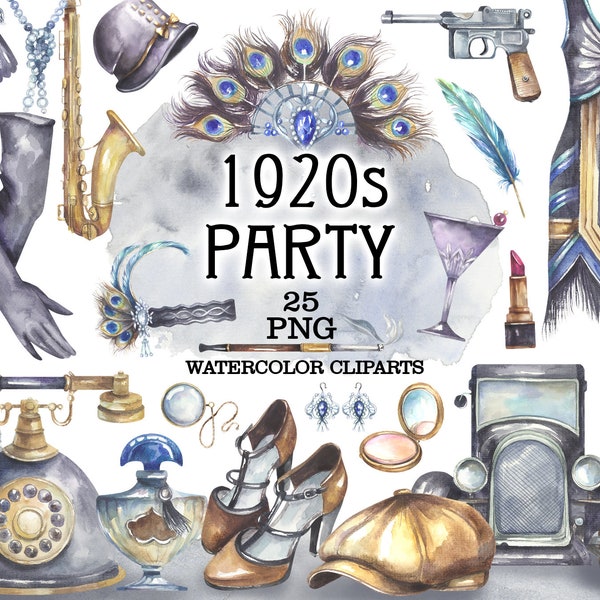 1920s party watercolor clipart, 1920 party invitation, png Roaring 20s party sublumation designs ART DECO Design Elements Great Gatsby Party