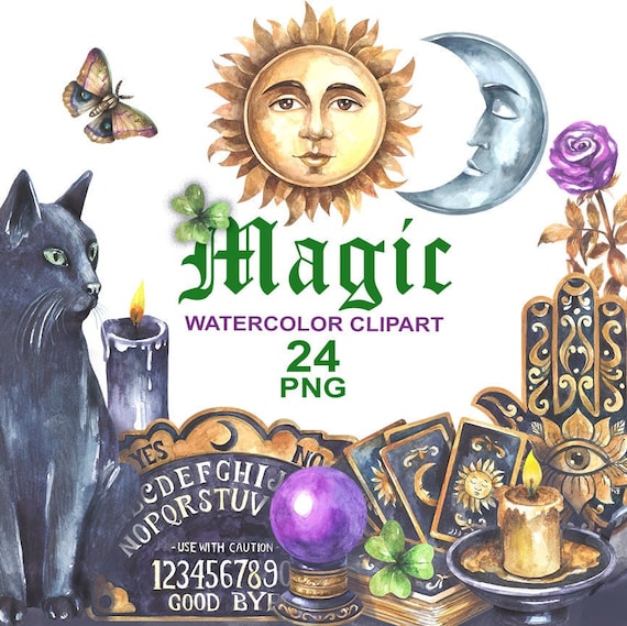Watercolor Magic Clipart: Witchcraft, Occult & Astrology (24 PNG)