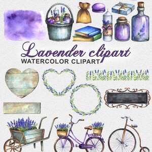 May include: Watercolour clipart featuring lavender flowers, sprigs, and various objects such as a watering can, a basket, a bicycle, a car, and a wooden heart. The text "Lavender clipart" and "WATERCOLOUR CLIPART" is also included.