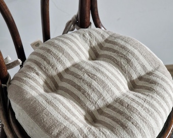 Round Linen Chair Pad with Ties – Custom Seat Cushion