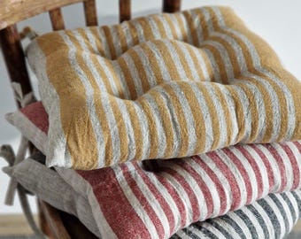 Striped Linen Chair Cushion with Ties – French Style Farmhouse Seat Pad