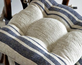 Striped Linen Chair Cushion with Ties – Farmhouse Seat Pad