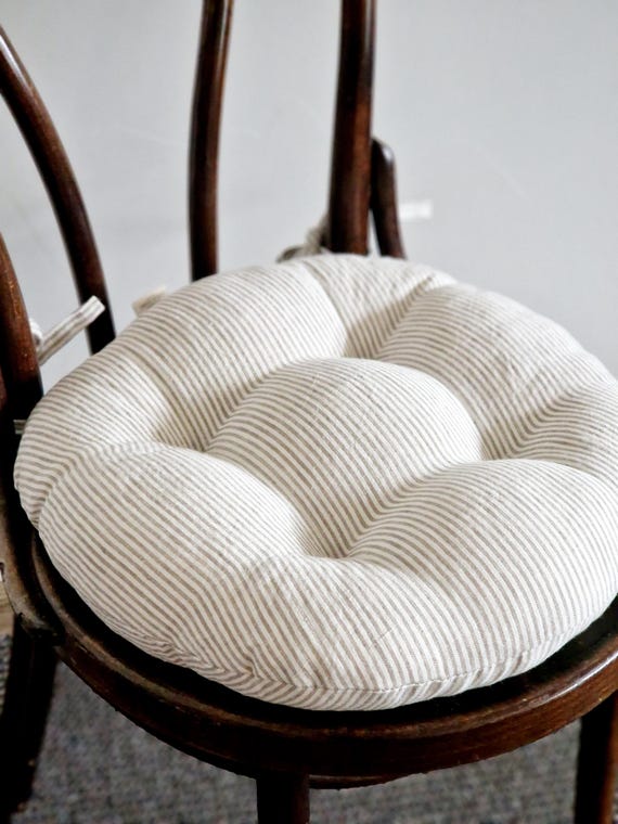 Round Linen Chair Pad with Ties – Striped Seat Cushion