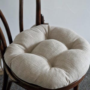 Round linen chair cushion with ties - Custom seat pad - Natural chair pillow - Undyed Linen fabric