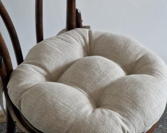 Cojín redondo de lino con lazos para silla - Cojín de asiento personalizado - Cojín de silla natural - Tela de lino sin teñir