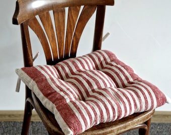 Striped Linen Chair Cushion with Ties – Farmhouse Seat Pad