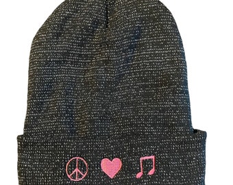 Peace, Love, Music Beanie / Music Beanie/ Fleece Lined Beanie/ Black Beanie