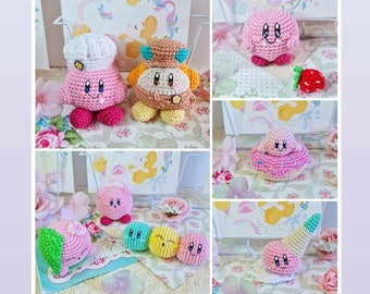 Kirby cafe Chef Kirby, directeur de Waddle dee, buffet de rêve fraise, crème glacée, beignet, dango, amigurumi sakura mochi au crochet FABRIQUÉ SUR COMMANDE