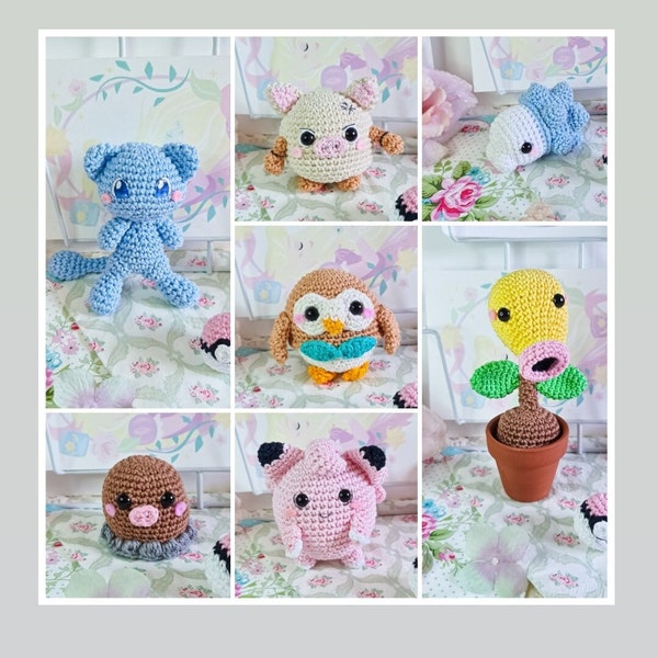 Shiny Mew, Primeape, Rowlet, Snom, Diglet, Clefairy and Bellsprout crochet pokemon doll amigurumi MADE TO ORDER