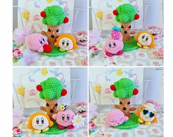 Kirby et waddle dee jouant et se relaxant sous le chêne poupée au crochet amigurumi MADE TO ORDER