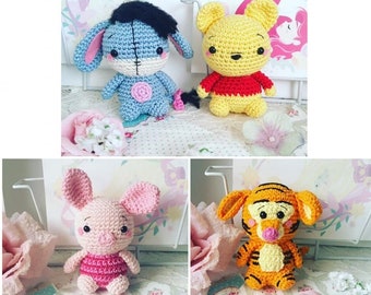 Poupée amigurumi disney au crochet Winnie l'ourson, un Bourriquet, un porcelet ou un tigre sur commande