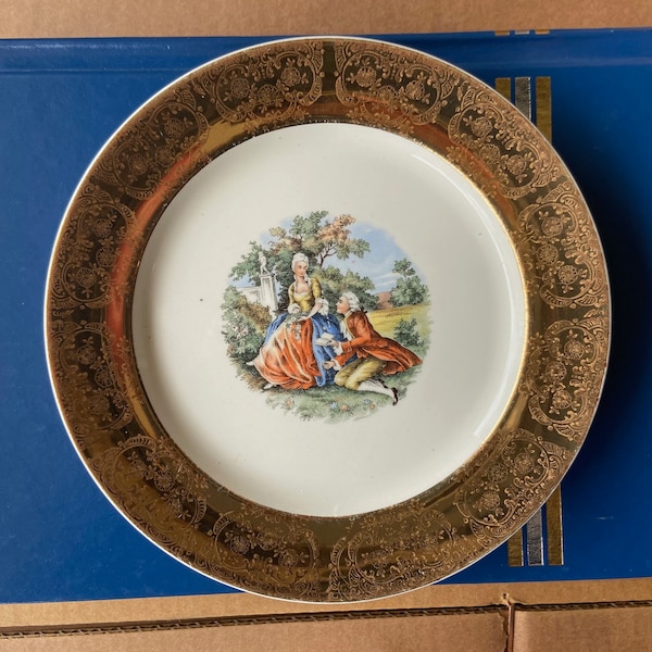 W. S. George Derwood China Plates Colonial Courting Couple 22KT Warranted Gold - 1 Available