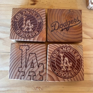Wood coasters with Dodger logos