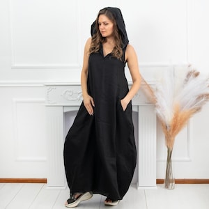Black Linen Dress, Hooded Linen Dress, Linen Balloon Dress, Oversized Linen Dress, Linen Maxi Dress Women, Sleeveless Linen Dress For Summer