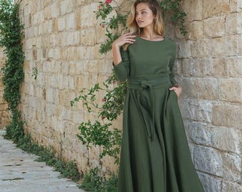 Military Green Linen Maxi Dress, Long Sleeve, Belted, Pockets, Flowy Style, Plus Size XS-4XL