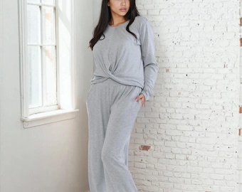 Grey Two Piece Lounge Set for Women, Plus Size Sweatsuit, Wide Leg Pants and Long Sleeve Top, Cozy Tracksuit