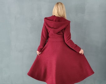 Maxi Winter Coat For Women, Winter Wool Coat,  Winter Outwear, Bordeaux Hooded, Plus Size Winter Clothing, Princes Single Breast Coat