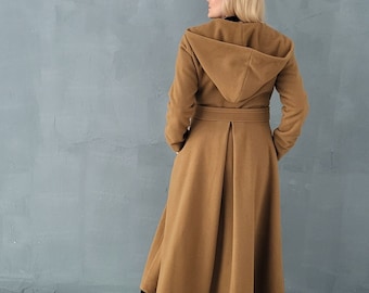 Camel Coat Women, Hooded Maxi Coat For Women, Winter Outwear, Plus Size Winter Clothing, Princes Single Breast Coat