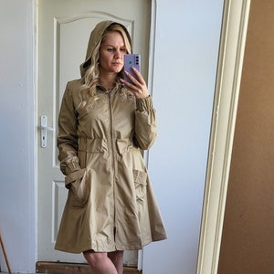 Beige Rain Coat, Hooded Summer Trench Coat, Elastic Waist Trench, Spring Trench Coat, Comfortable Trench Coat, Casual Jacket