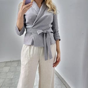 Linen Top Women and Plus Size, Plus Size Blouse, Ladies Linen Shirt / Top, Linen Top With Shawl Collar, Grey Linen Wrap Top and Tunic