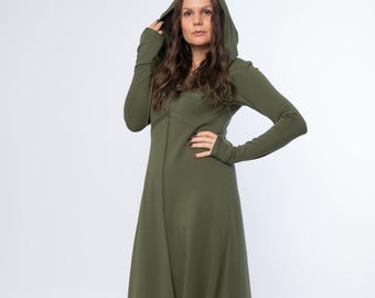 Hooded Maxi Sweater Dress, Long Sleeve Warm Cotton Gown