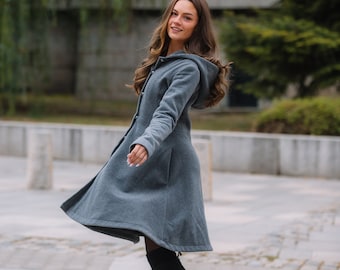Winter Outwear • Winter Wool Coat • Grey Hooded Midi Winter Coat • Plus Size Winter Clothing • Princes Single Breast Coat
