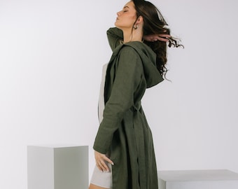 Manteau en lin vert militaire avec capuche et poches, veste longue en lin, cardigan pour femme, manteau d'été en lin, manteau en lin, cardigan bohème pour femme