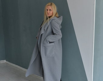 Cardigan With Hood, Winter Cardigan, Grey Wool Cardigan Coat, Maxi Sweater Coat, Asymmetric Cardigan Coat, Hooded Grey Coat, Oversize Coat