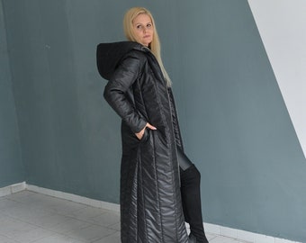 Black Winter Jacket For Woman, Hooded Maxi Jacket, Plus Size Clothing, Steampunk Clothing, Hooded Warm Puffer Jacket, Comfy Zipped Coat