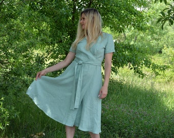 Robe portefeuille en lin • Robe en lin Femme • Robe d'été en lin • Vêtements en lin • Robe midi en lin • Robe à manches courtes • ARIA • Robe en lin