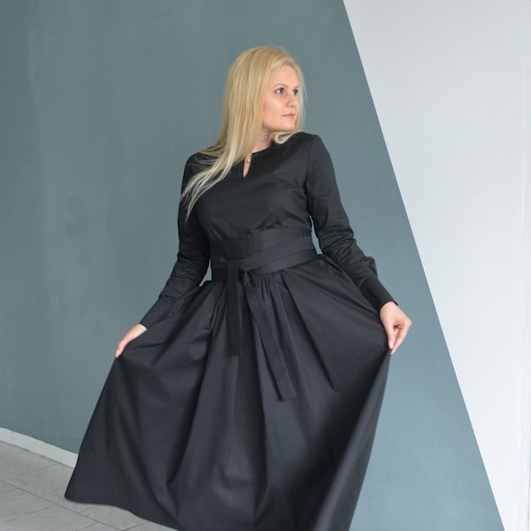 Schwarzes Baumwollkleid, lange Ärmel Kleid, formelles Maxikleid, Abendkleid schwarz, langes Baumwollkleid, Kleid, Plus Size Kleid, Cocktailkleid