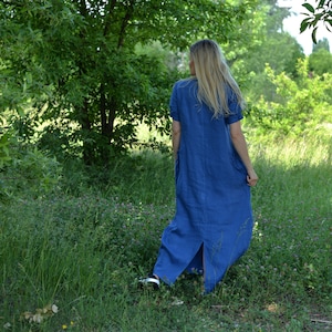 LONG LINEN DRESS • Organic Linen Dress • Summer Blue Linen Clothing With Pockets For Women • Short Sleeve Comfortable Dress