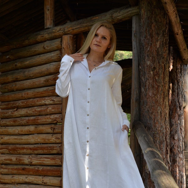 Robe en lin blanc | Robe chemise en lin blanc Femme | Maxi robe à manches longues | Vêtements grande taille | Robe décontractée | Asymétrique | BGRAtelier