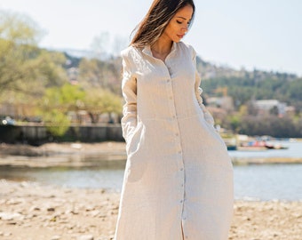 Vestido camisero de lino • Vestido camisero de manga larga • Ropa de tallas grandes • Vestido relajado • Vestido de verano de lino natural • Vestido largo de lino