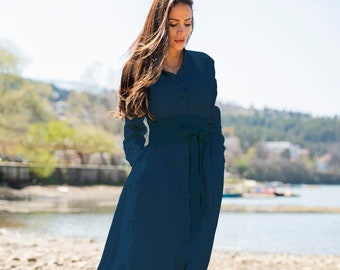 Maxi Linen Dress • Linen Shirt Dress • Long Sleeves Shirt Dress • Plus Size Clothing • Relaxed Dress • Dark Blue Linen Summer Dress