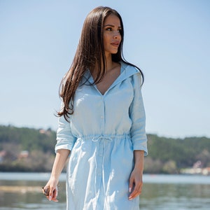 Linen Shirt Dress, Light Blue Summer Linen Dress, Hooded Shirt Dress, Plus Size Clothing, Above The Knee Dress, Linen Dresses For Women