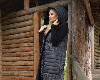 Puffer Vest • Hooded Vest • Black Quilted Vest With Big Warm Hood • Long Jacket • Sleeveless Jacket • Down Coat Women • Plus Size Clothing