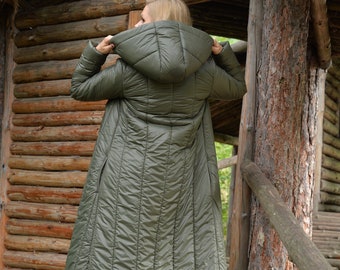 Green Winter Jacket For Woman • Hooded Maxi Jacket • Plus Size Clothing • Steampunk Clothing • Hooded Warm Puffer Jacket • Comfy Zipped Coat