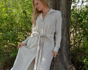 Linen Shirt Dress Women • Long Linen Dress • Cardigan Dress With Obi Belt • Boho Linen Dress • Plus Size Clothing | Dress Linen