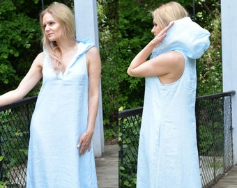 Sleeveless Linen Dress • Summer Linen Hooded Dress • Linen Dress With Side Pockets • Light Blue Linen Dress • Plus Size Dress