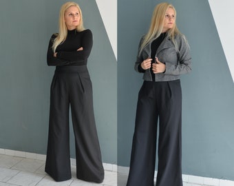 Breite Wollhose Frauen, Boho Maxi Wollhose, Schwarze Hohe Taille Hose, Plus Size Kleidung, Schwarze Hose Mit Taschen, Wollhose Frauen